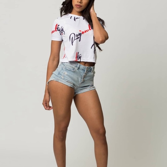 Royowlty Tops - White Blue Red Royowlty Women’s Crop Designer Tee Shirt